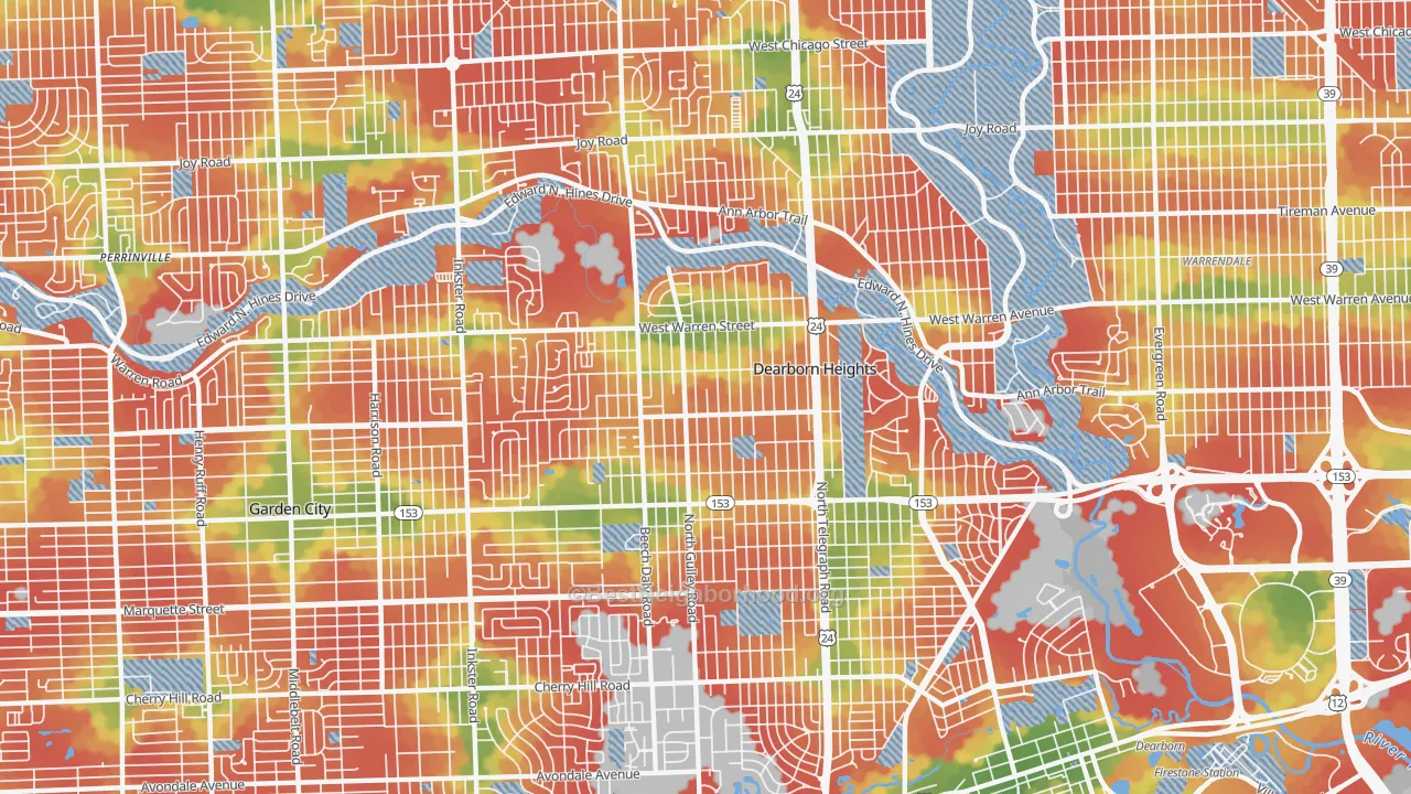 Walk Grade map of 48127, MI, walkable areas in green and car-dependent areas in red