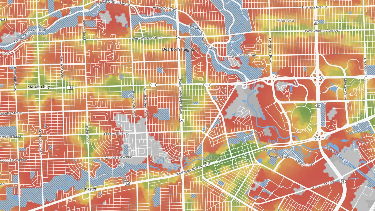 Walk Grade map of 48128, MI, walkable areas in green and car-dependent areas in red
