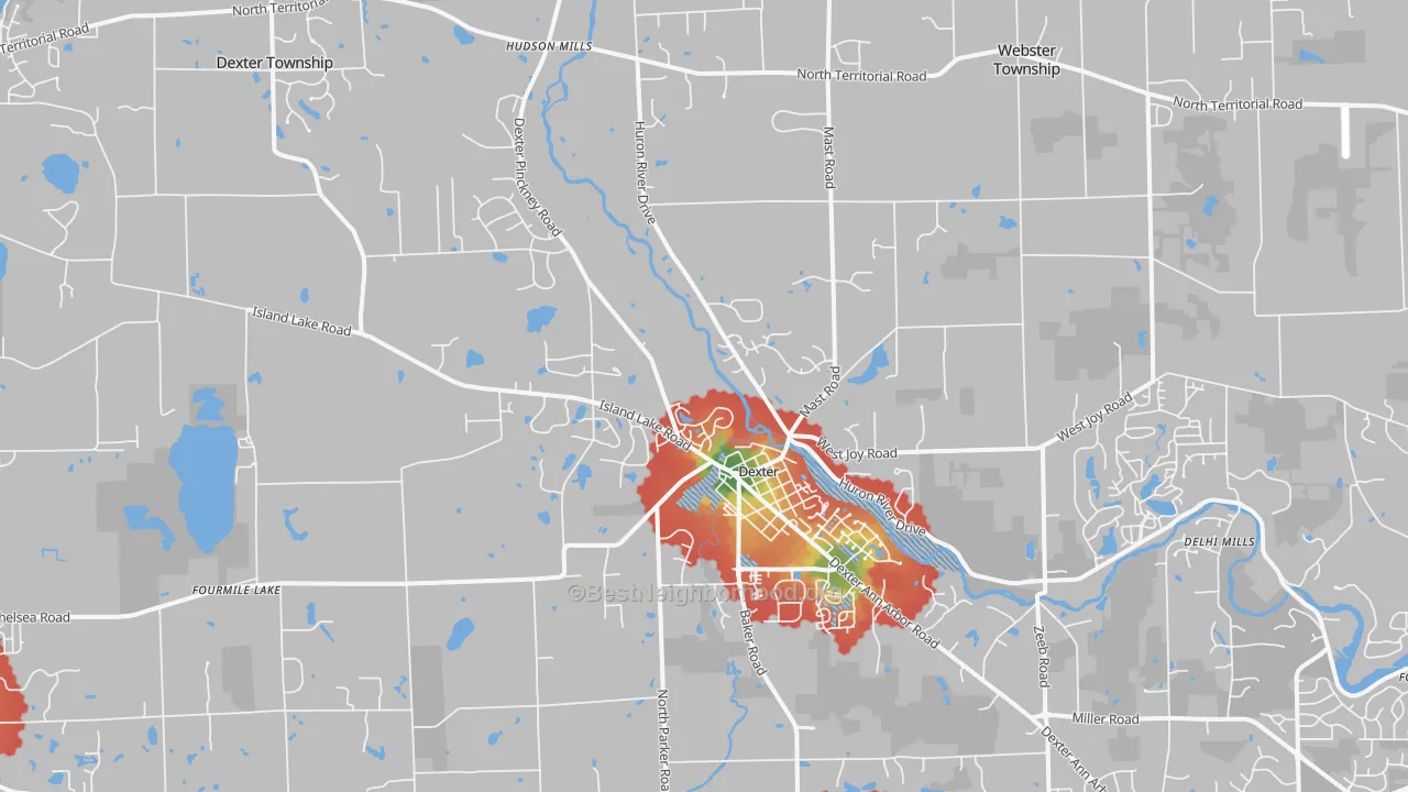 Walk Grade map of 48130, MI, walkable areas in green and car-dependent areas in red