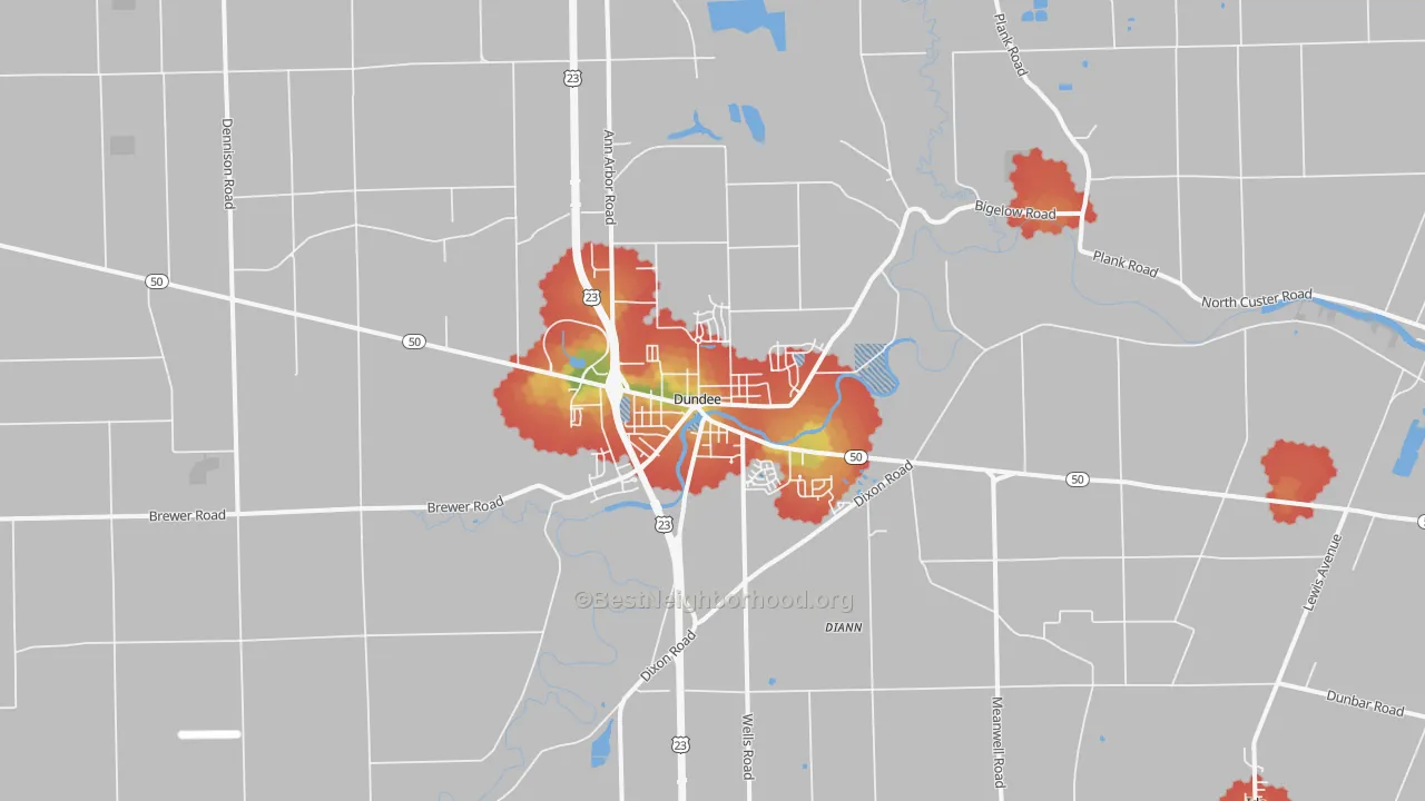 Walk Grade map of 48131, MI, walkable areas in green and car-dependent areas in red