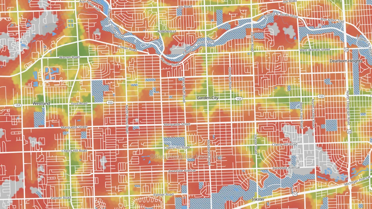Walk Grade map of 48135, MI, walkable areas in green and car-dependent areas in red