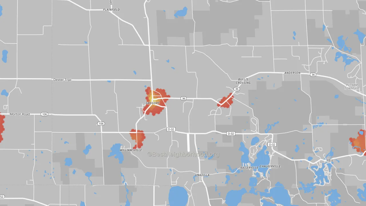 Walk Grade map of 48137, MI, walkable areas in green and car-dependent areas in red