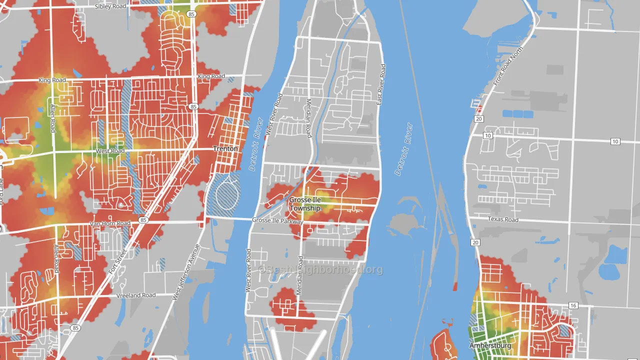 Walk Grade map of 48138, MI, walkable areas in green and car-dependent areas in red