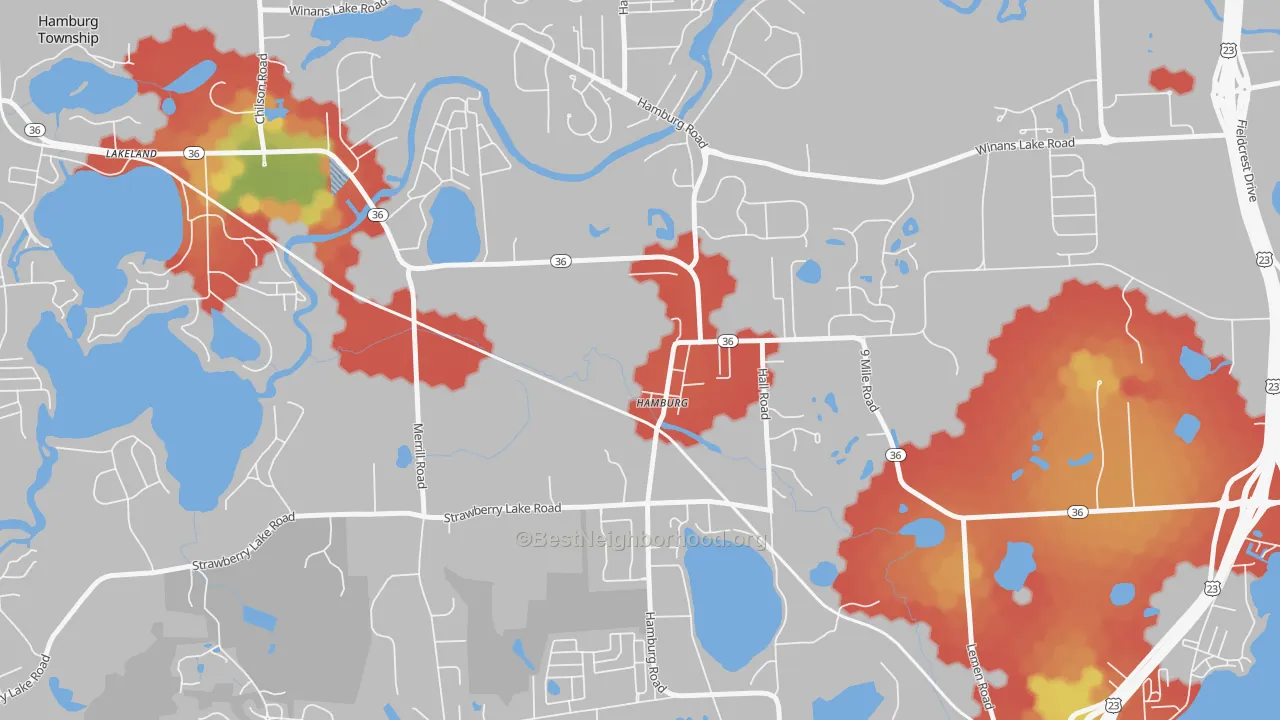 Walk Grade map of 48139, MI, walkable areas in green and car-dependent areas in red