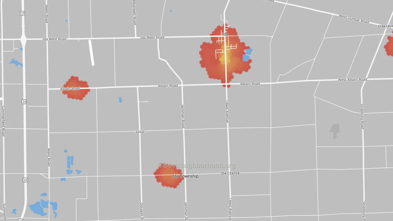 Walk Grade map of 48140, MI, walkable areas in green and car-dependent areas in red