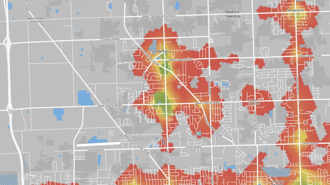 Walk Grade map of 48144, MI, walkable areas in green and car-dependent areas in red