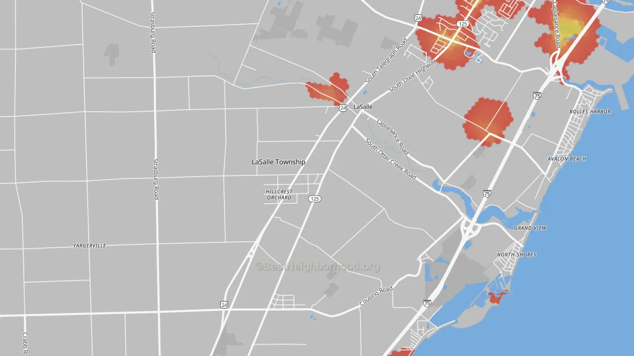 Walk Grade map of 48145, MI, walkable areas in green and car-dependent areas in red