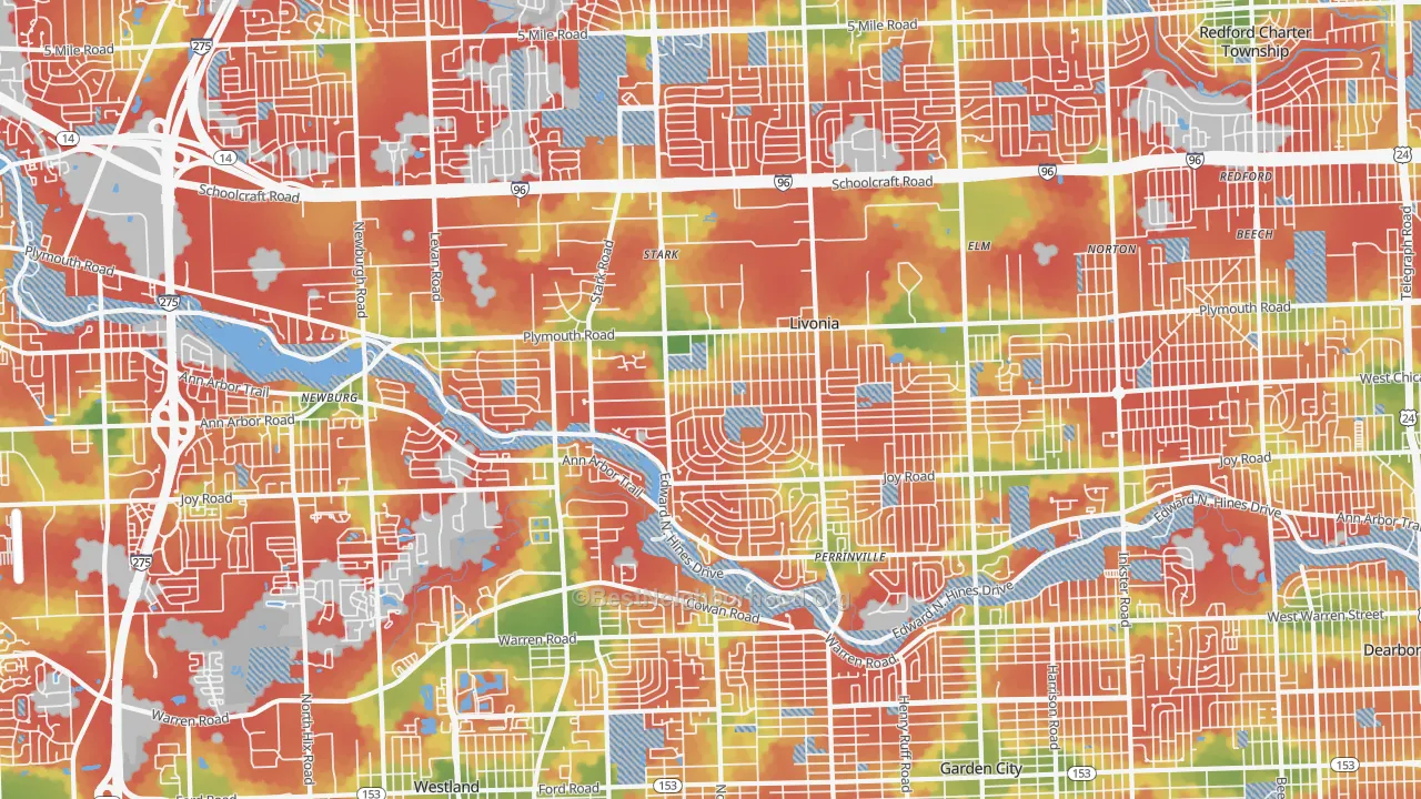 Walk Grade map of 48150, MI, walkable areas in green and car-dependent areas in red