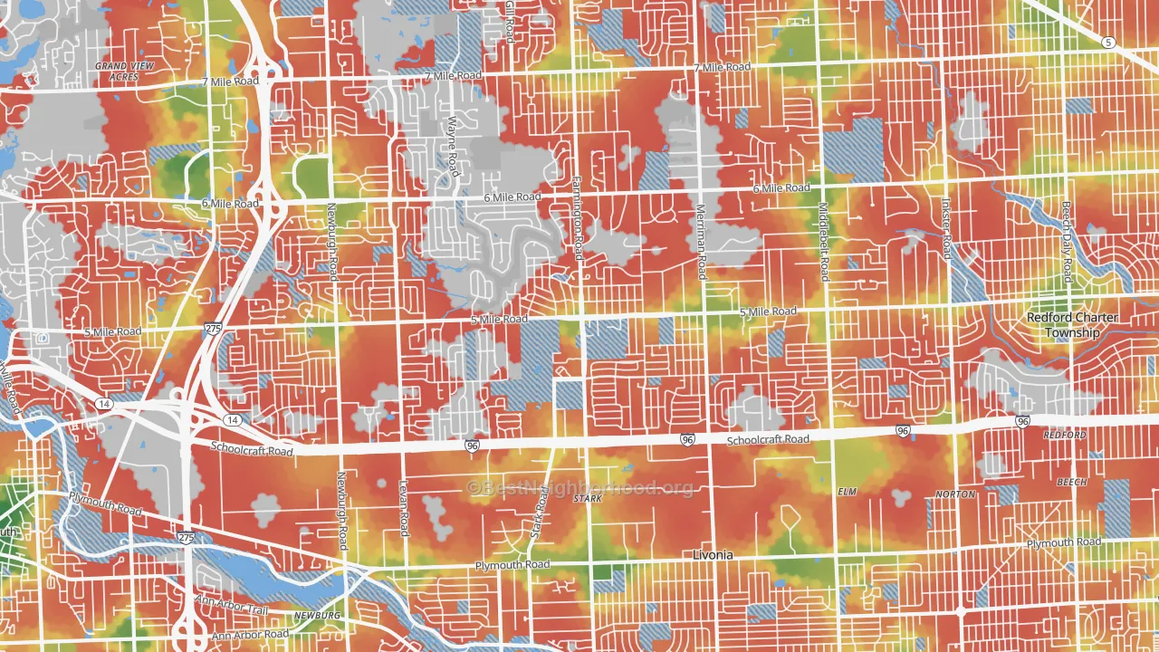 Walk Grade map of 48154, MI, walkable areas in green and car-dependent areas in red