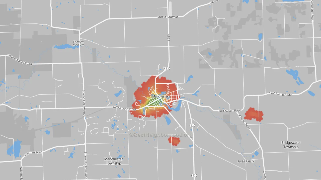 Walk Grade map of 48158, MI, walkable areas in green and car-dependent areas in red