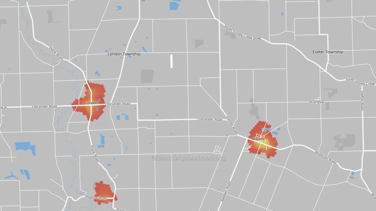 Walk Grade map of 48159, MI, walkable areas in green and car-dependent areas in red