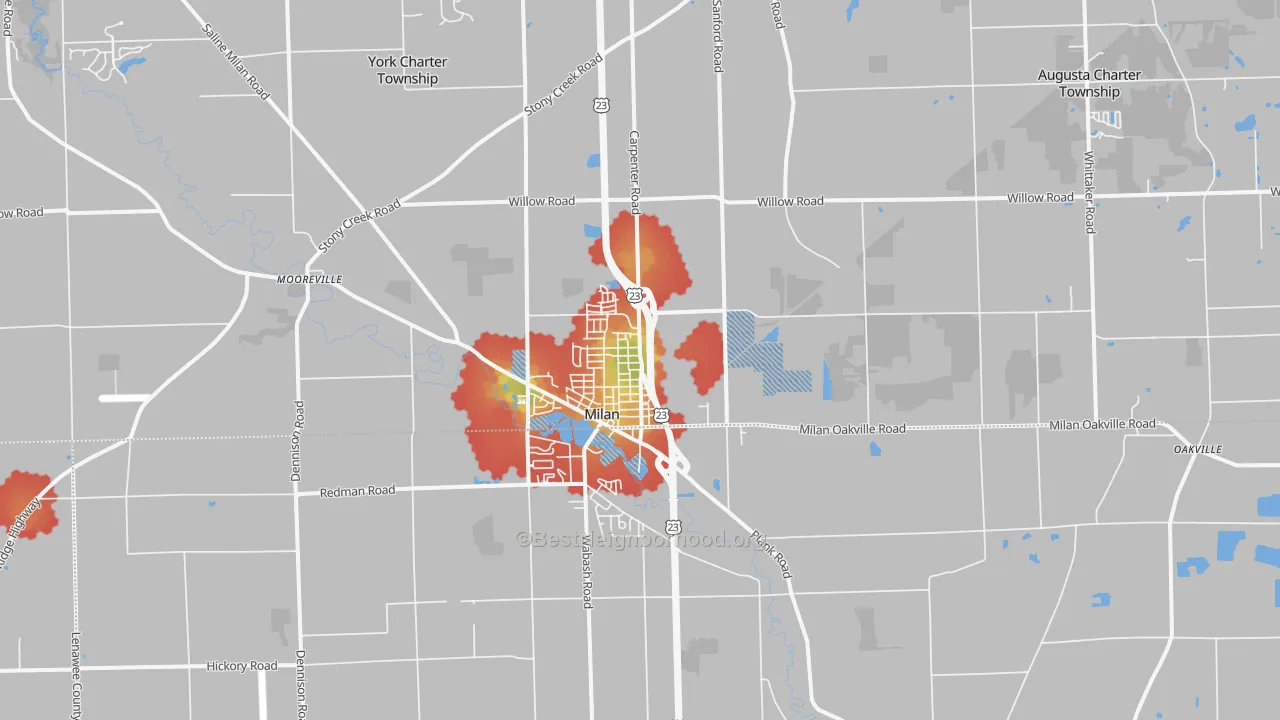 Walk Grade map of 48160, MI, walkable areas in green and car-dependent areas in red