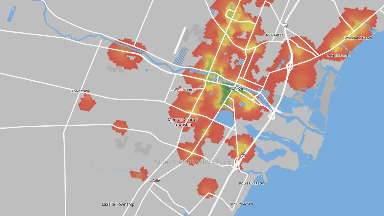 Walk Grade map of 48161, MI, walkable areas in green and car-dependent areas in red