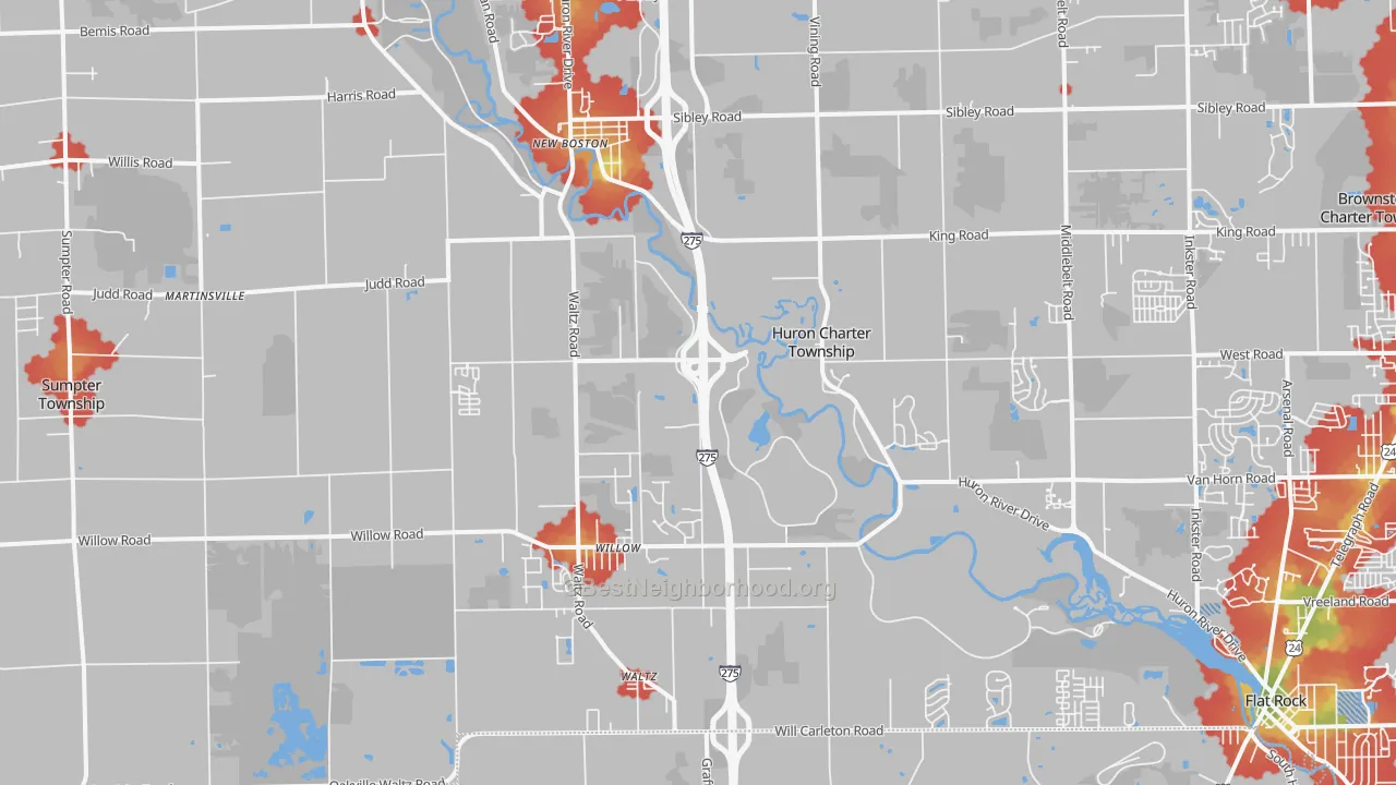 Walk Grade map of 48164, MI, walkable areas in green and car-dependent areas in red