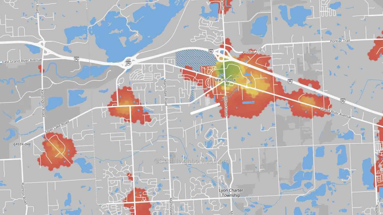 Walk Grade map of 48165, MI, walkable areas in green and car-dependent areas in red