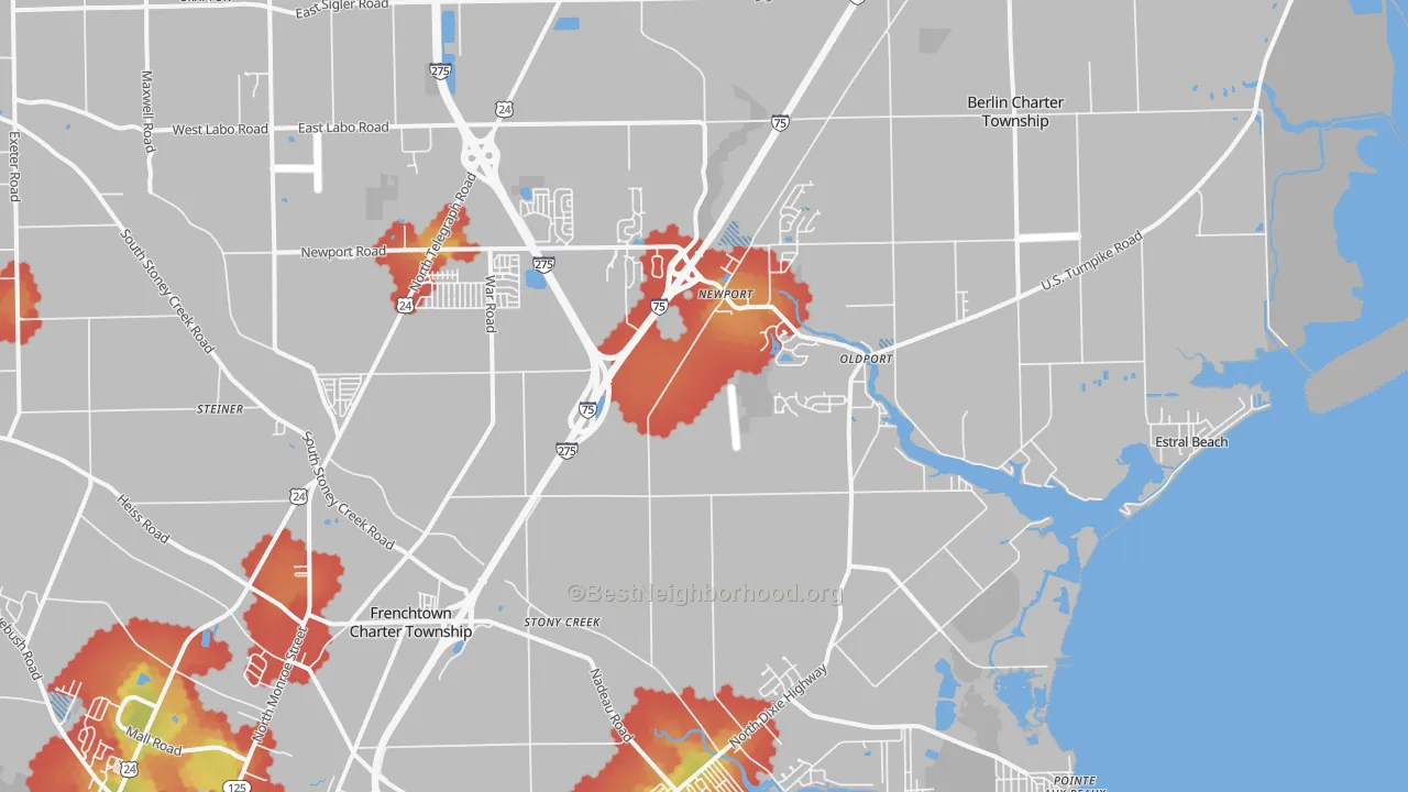 Walk Grade map of 48166, MI, walkable areas in green and car-dependent areas in red