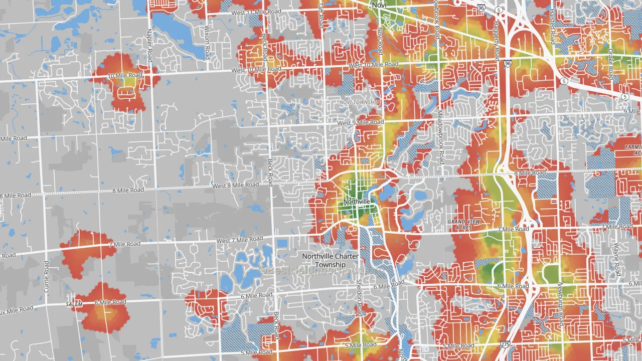 Walk Grade map of 48167, MI, walkable areas in green and car-dependent areas in red