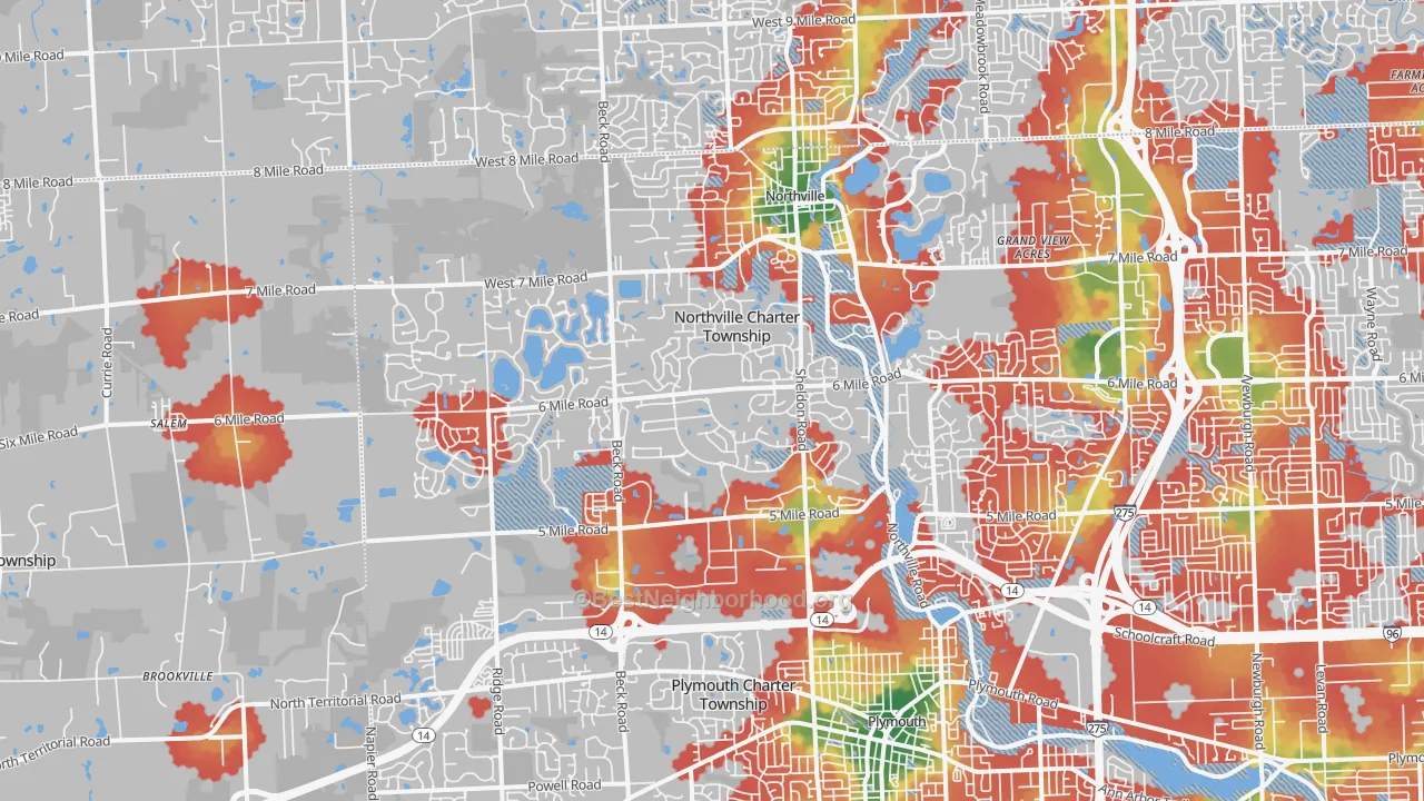 Walk Grade map of 48168, MI, walkable areas in green and car-dependent areas in red