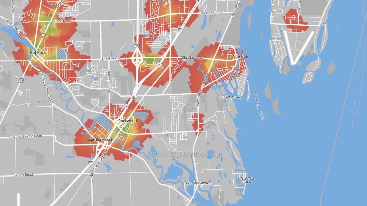 Walk Grade map of 48173, MI, walkable areas in green and car-dependent areas in red