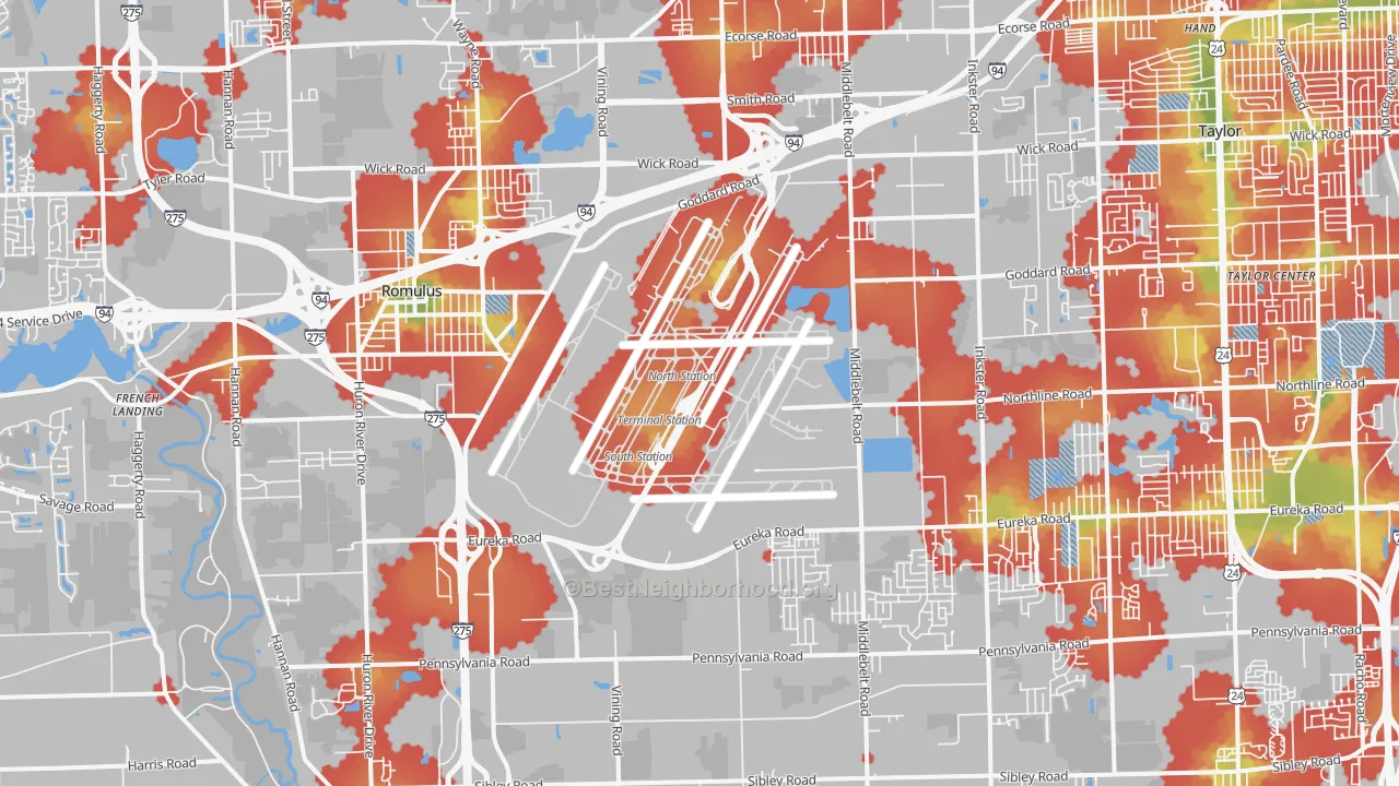 Walk Grade map of 48174, MI, walkable areas in green and car-dependent areas in red