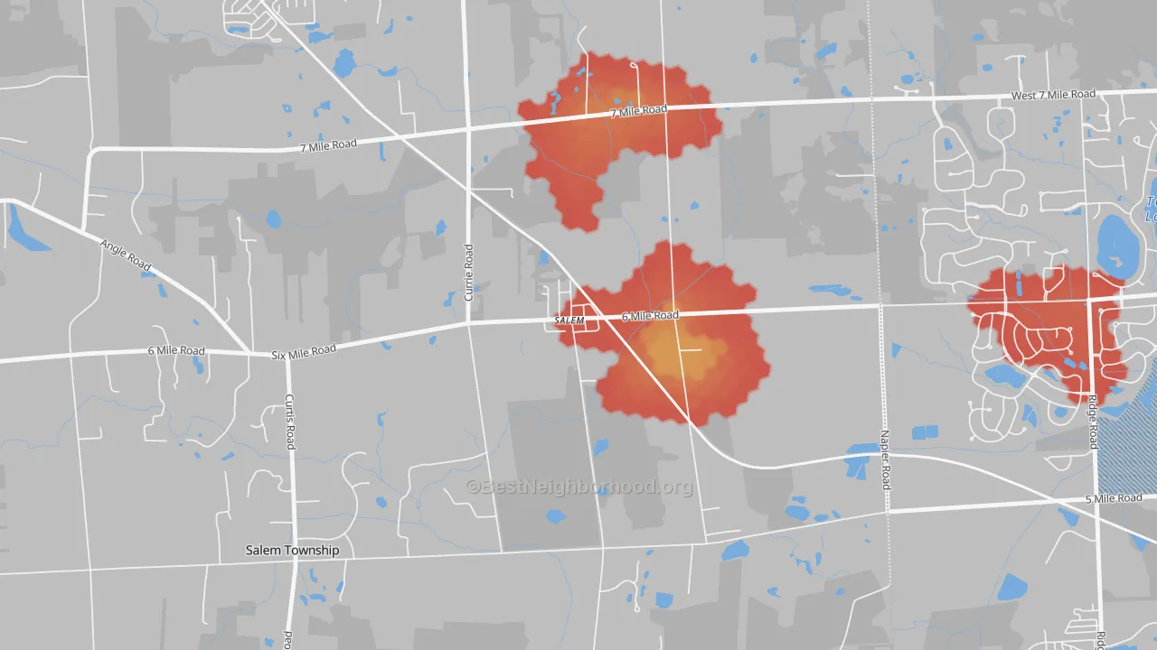 Walk Grade map of 48175, MI, walkable areas in green and car-dependent areas in red