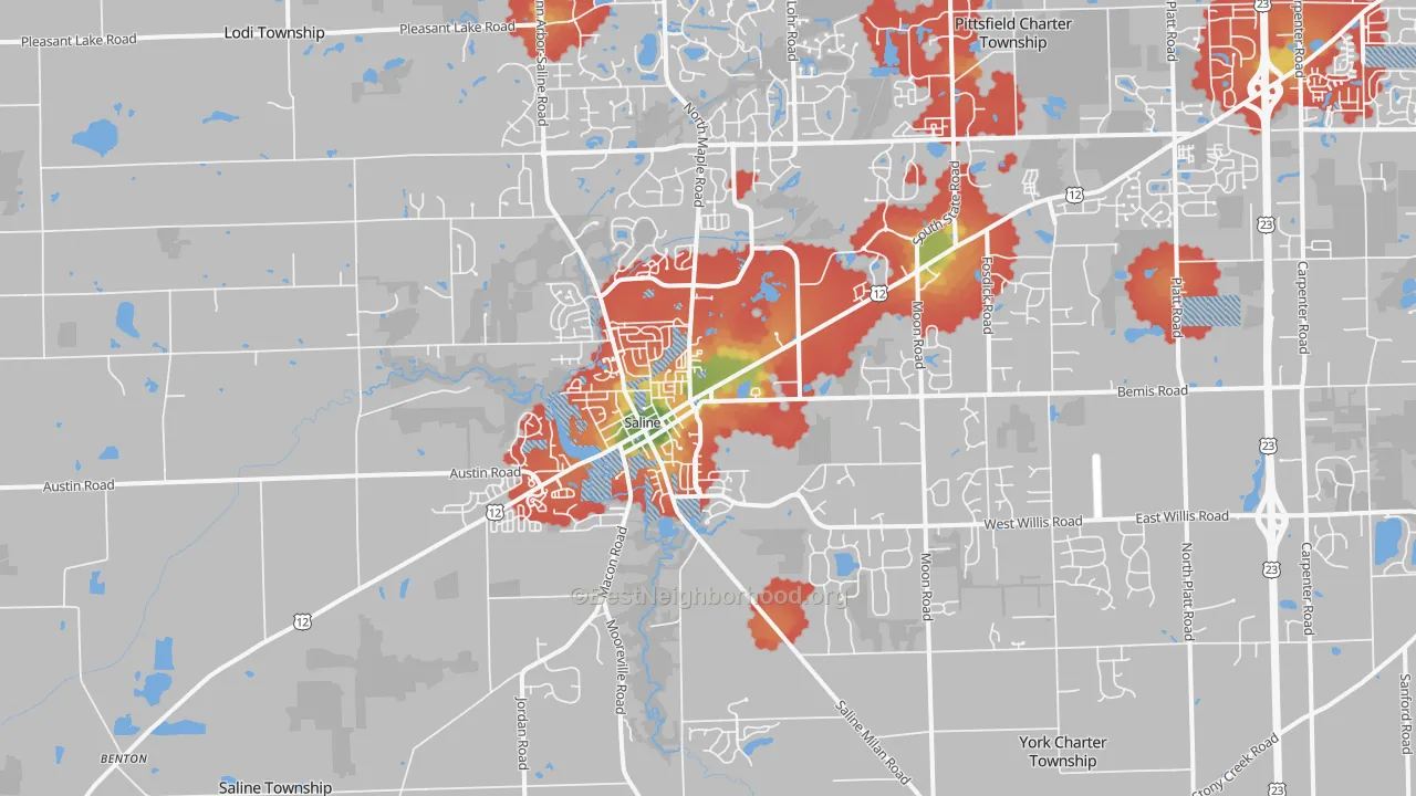Walk Grade map of 48176, MI, walkable areas in green and car-dependent areas in red