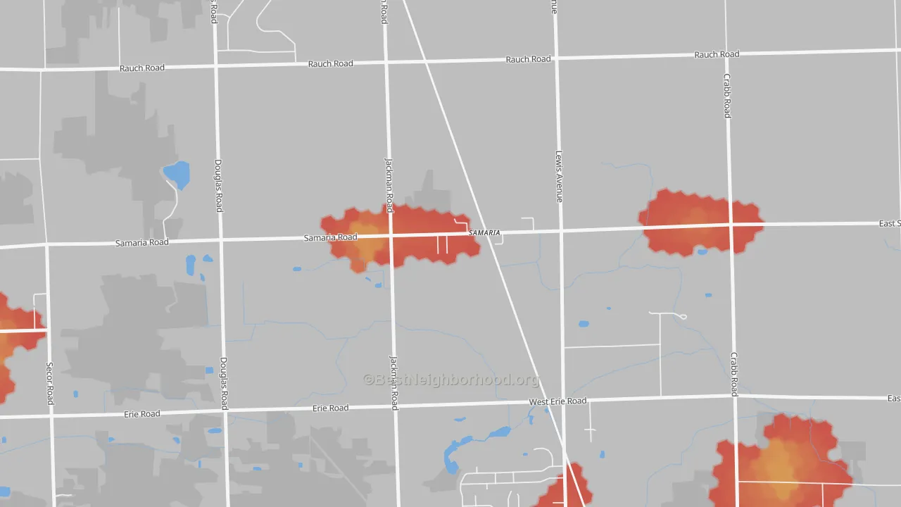 Walk Grade map of 48177, MI, walkable areas in green and car-dependent areas in red