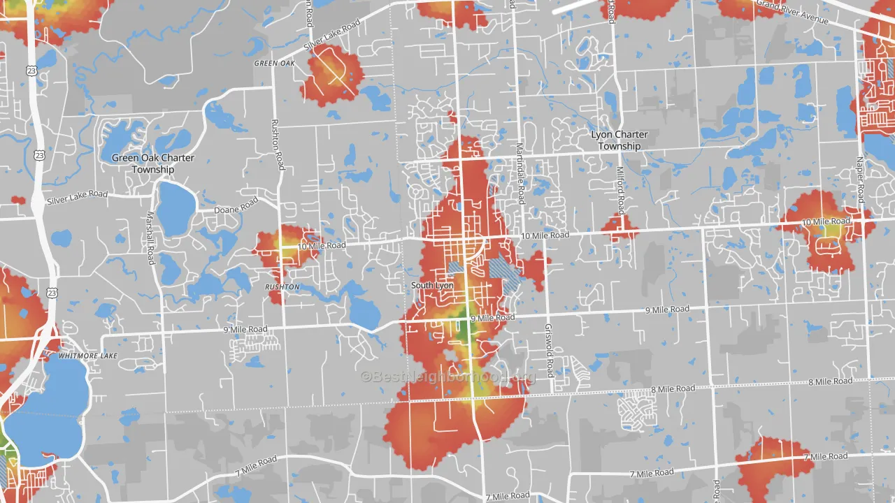 Walk Grade map of 48178, MI, walkable areas in green and car-dependent areas in red