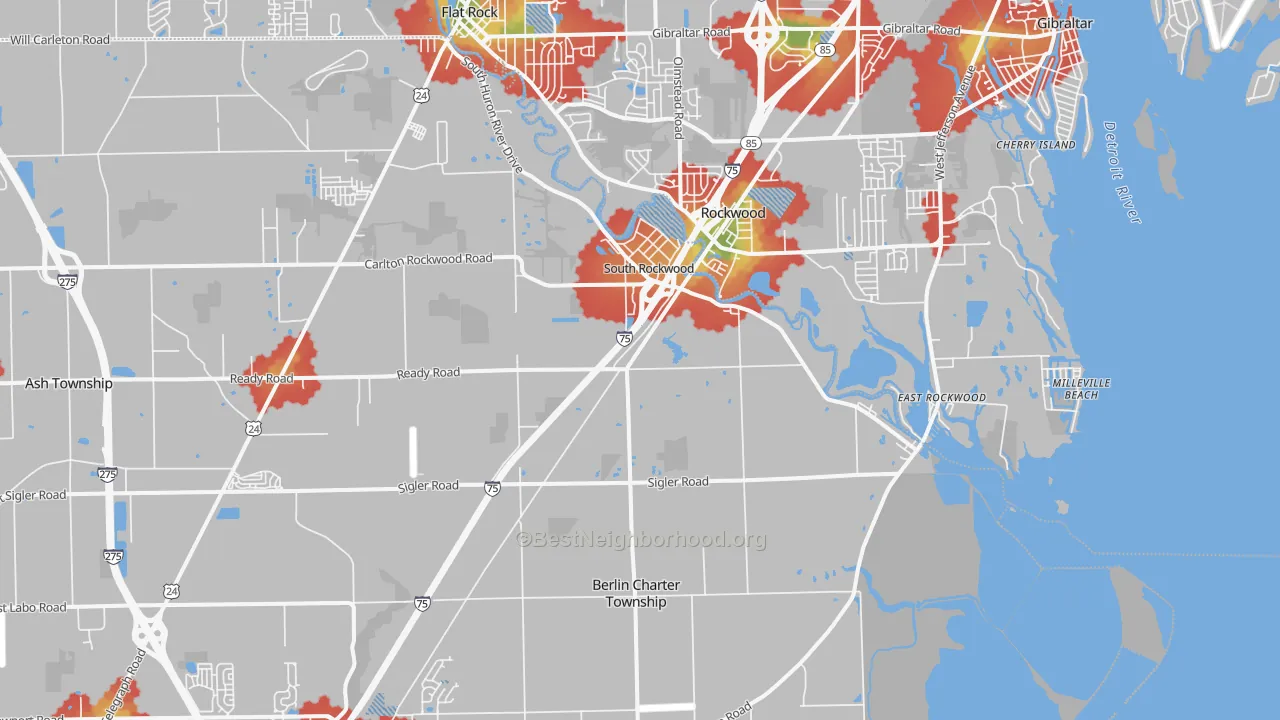 Walk Grade map of 48179, MI, walkable areas in green and car-dependent areas in red