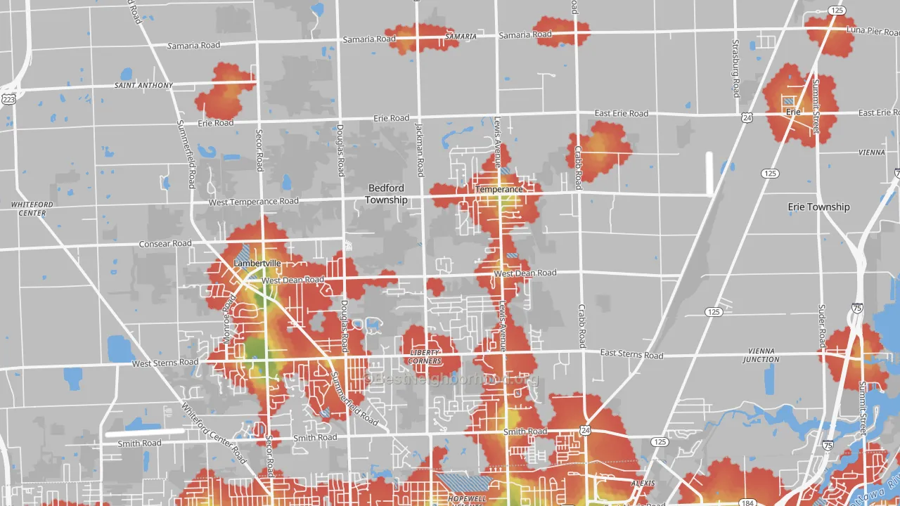 Walk Grade map of 48182, MI, walkable areas in green and car-dependent areas in red