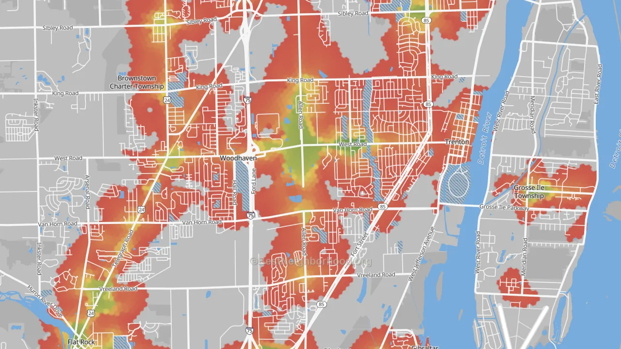 Walk Grade map of 48183, MI, walkable areas in green and car-dependent areas in red