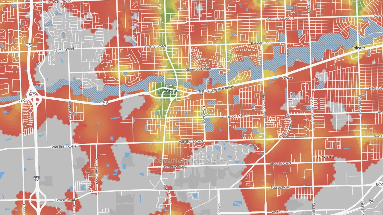 Walk Grade map of 48184, MI, walkable areas in green and car-dependent areas in red