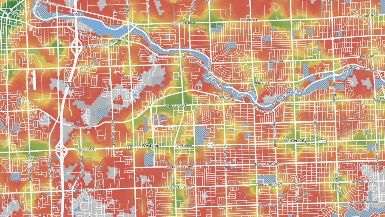 Walk Grade map of 48185, MI, walkable areas in green and car-dependent areas in red
