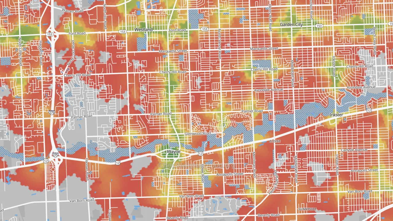 Walk Grade map of 48186, MI, walkable areas in green and car-dependent areas in red