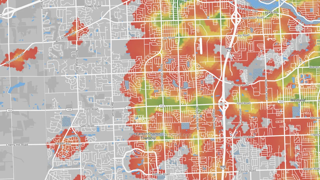 Walk Grade map of 48187, MI, walkable areas in green and car-dependent areas in red