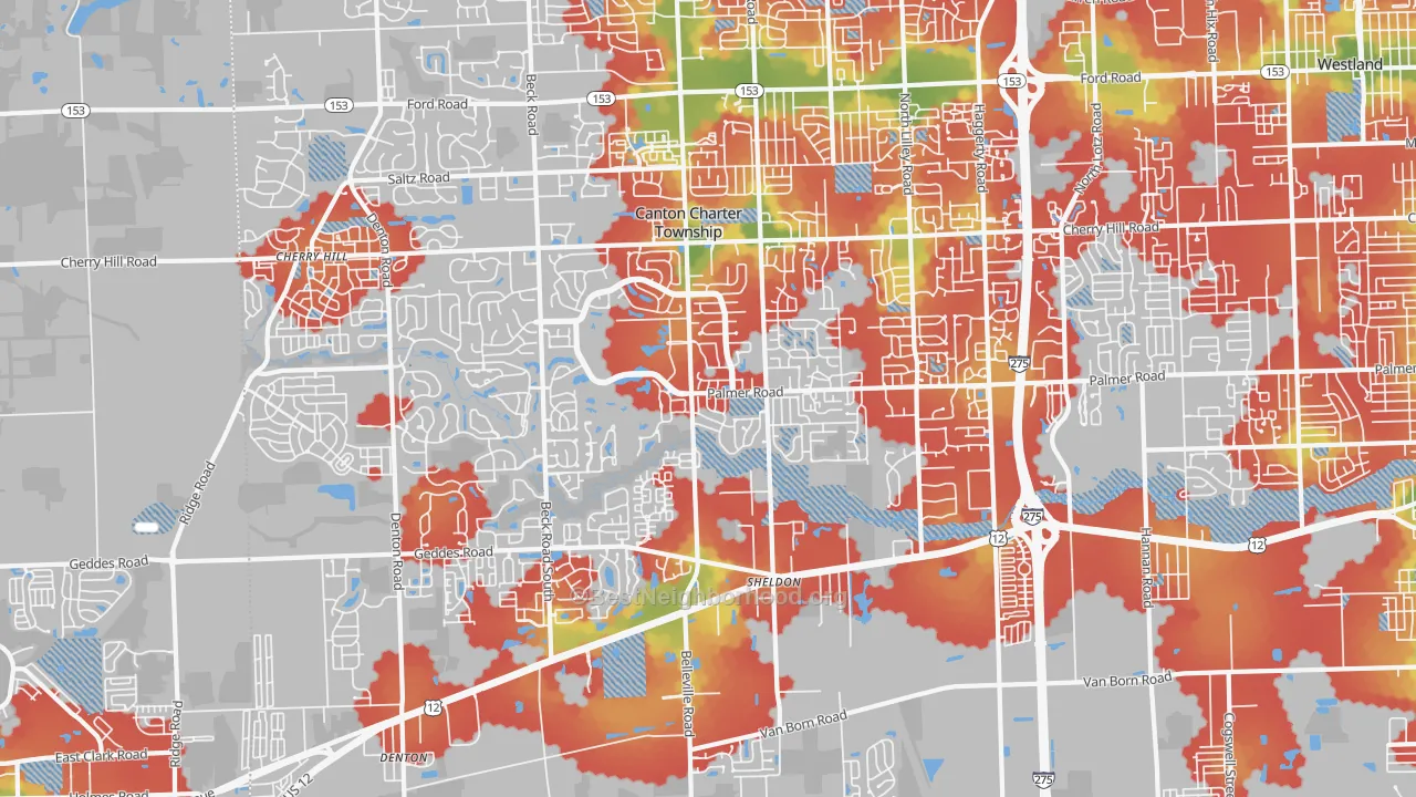 Walk Grade map of 48188, MI, walkable areas in green and car-dependent areas in red