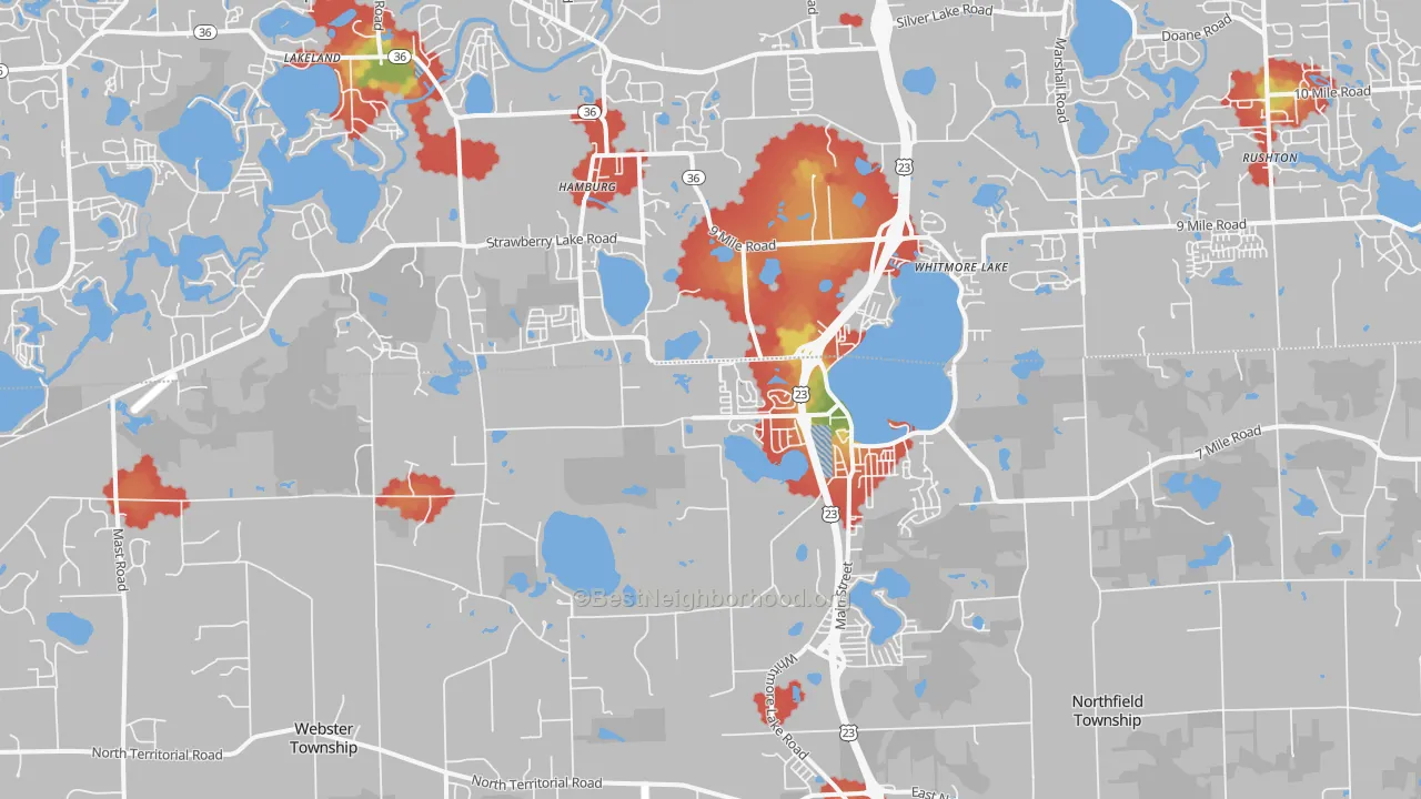 Walk Grade map of 48189, MI, walkable areas in green and car-dependent areas in red