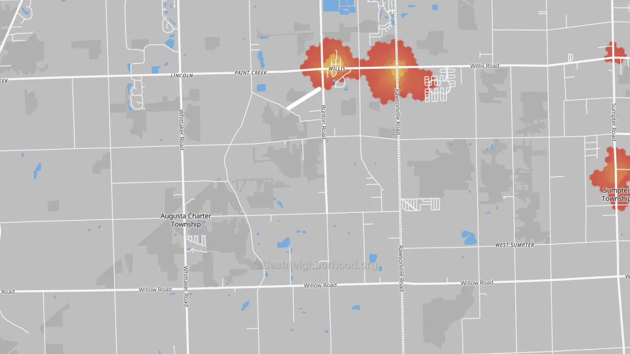 Walk Grade map of 48191, MI, walkable areas in green and car-dependent areas in red