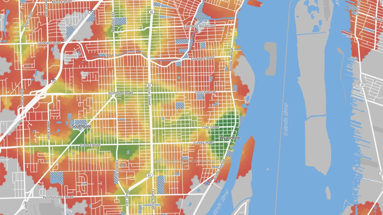 Walk Grade map of 48192, MI, walkable areas in green and car-dependent areas in red