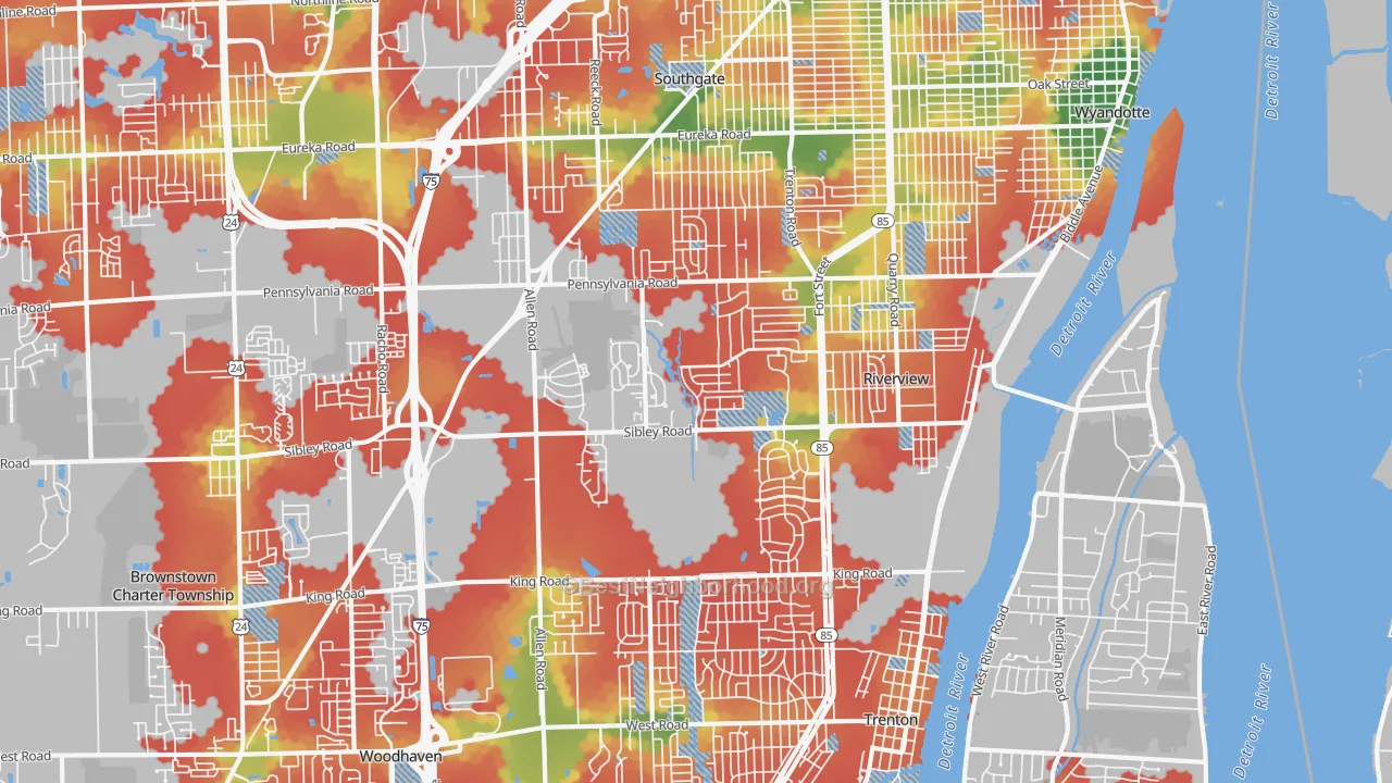 Walk Grade map of 48193, MI, walkable areas in green and car-dependent areas in red