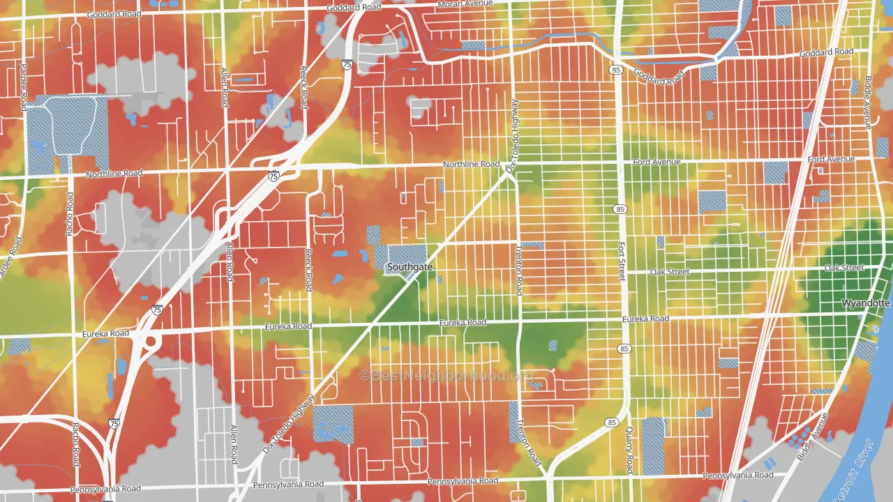 Walk Grade map of 48195, MI, walkable areas in green and car-dependent areas in red