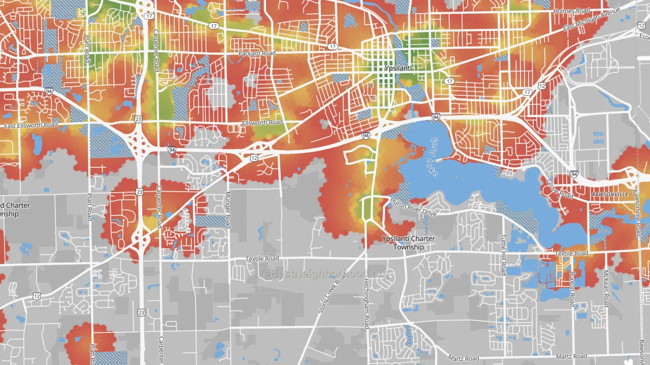 Walk Grade map of 48197, MI, walkable areas in green and car-dependent areas in red