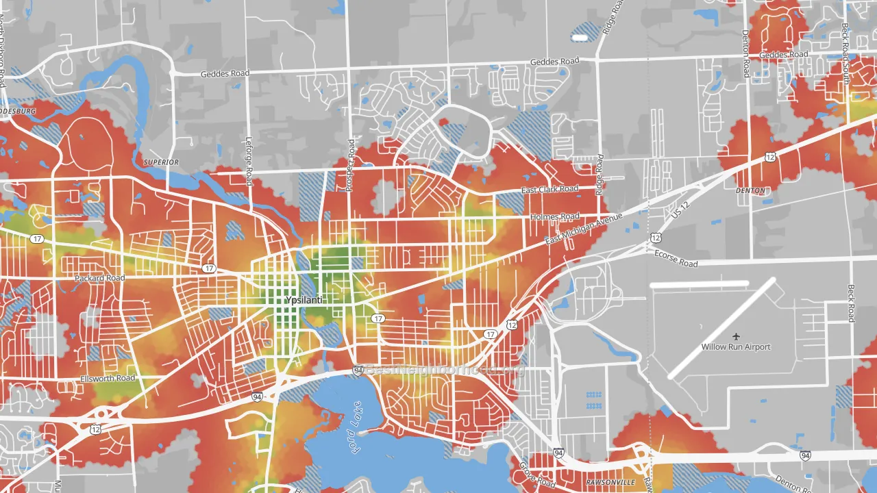 Walk Grade map of 48198, MI, walkable areas in green and car-dependent areas in red