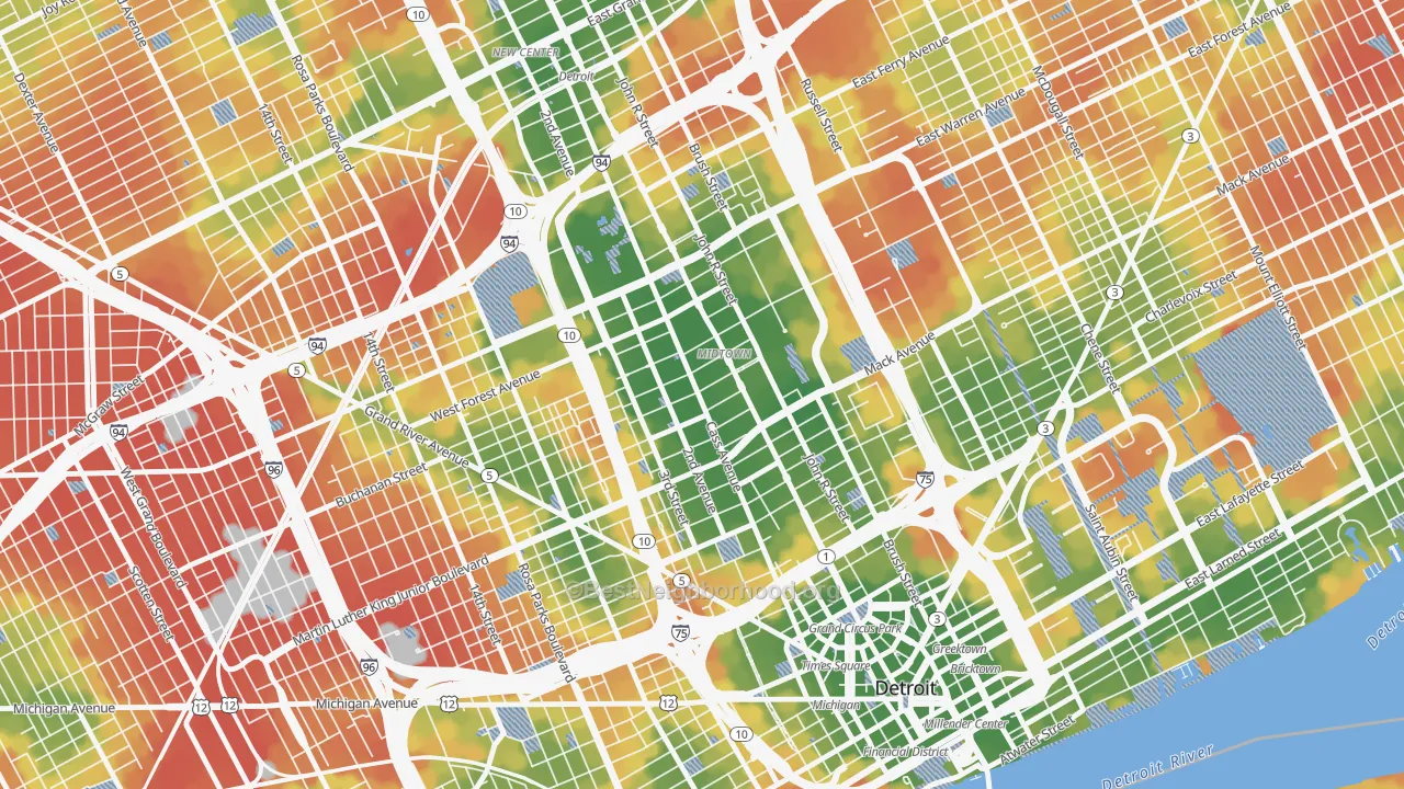 Walk Grade map of 48201, MI, walkable areas in green and car-dependent areas in red