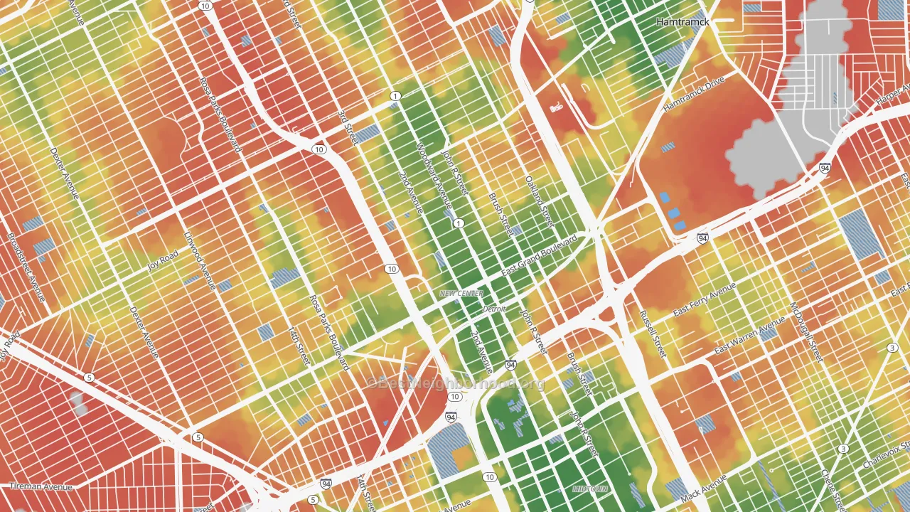 Walk Grade map of 48202, MI, walkable areas in green and car-dependent areas in red