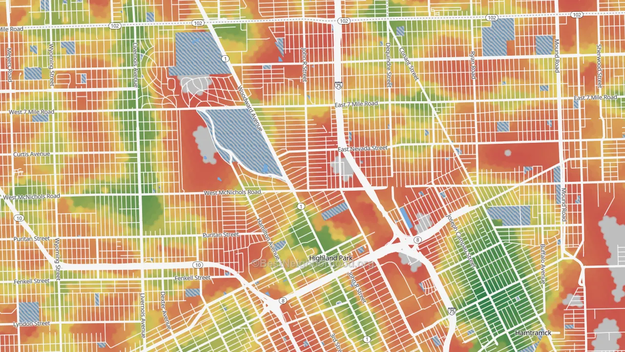 Walk Grade map of 48203, MI, walkable areas in green and car-dependent areas in red