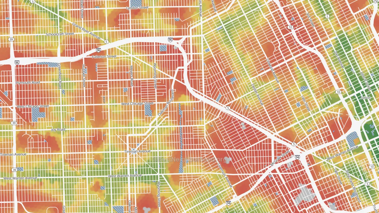 Walk Grade map of 48204, MI, walkable areas in green and car-dependent areas in red