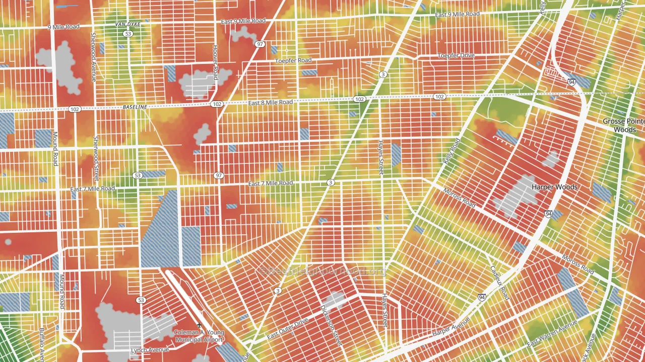 Walk Grade map of 48205, MI, walkable areas in green and car-dependent areas in red