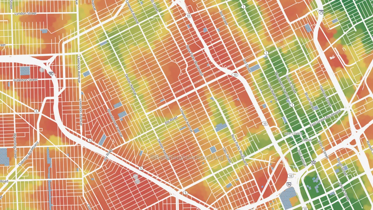 Walk Grade map of 48206, MI, walkable areas in green and car-dependent areas in red