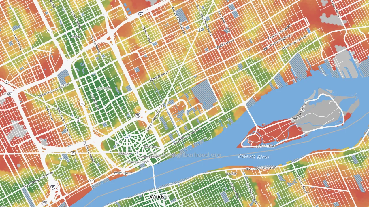 Walk Grade map of 48207, MI, walkable areas in green and car-dependent areas in red